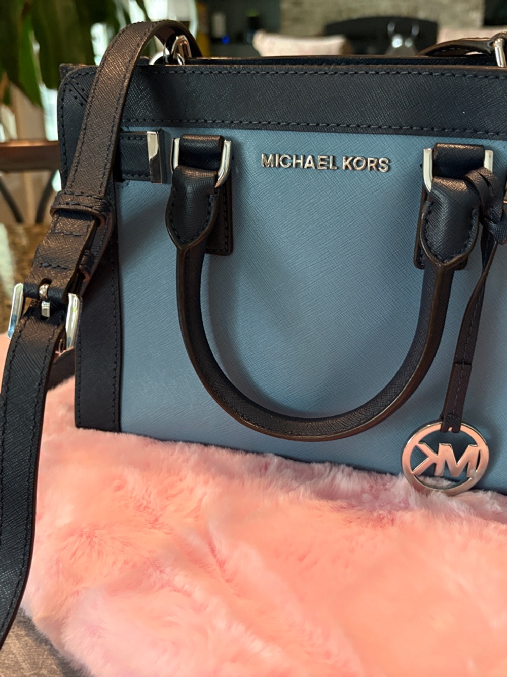 Michael Kors Blue and Black Saffiano Satchel with MK Charm